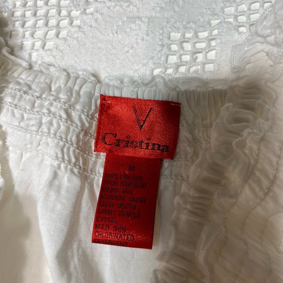 V Christina White Eyelet Summer Dress Women's Size Medium Lace Hem Puff Sleeve - Picture 2 of 2